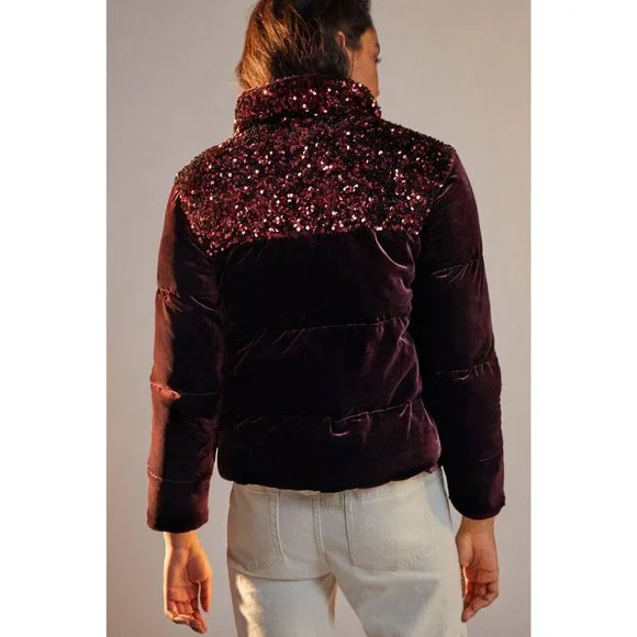Anthropologie Velour Sequined Puffer Jacket Coat - Picture 7 of 16